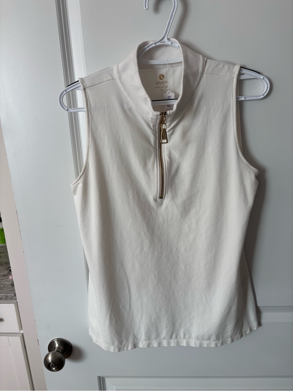 Spartina 449 Cream Sleeveless Zip-Neck Polo Tank with Gold Hardware